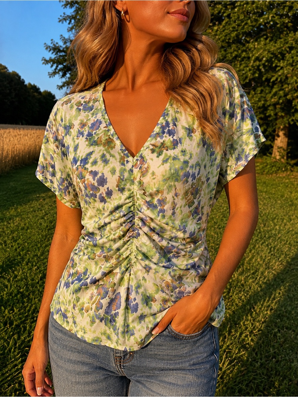 White House Black Market Green & Purple Floral Ruched V-Neck Top